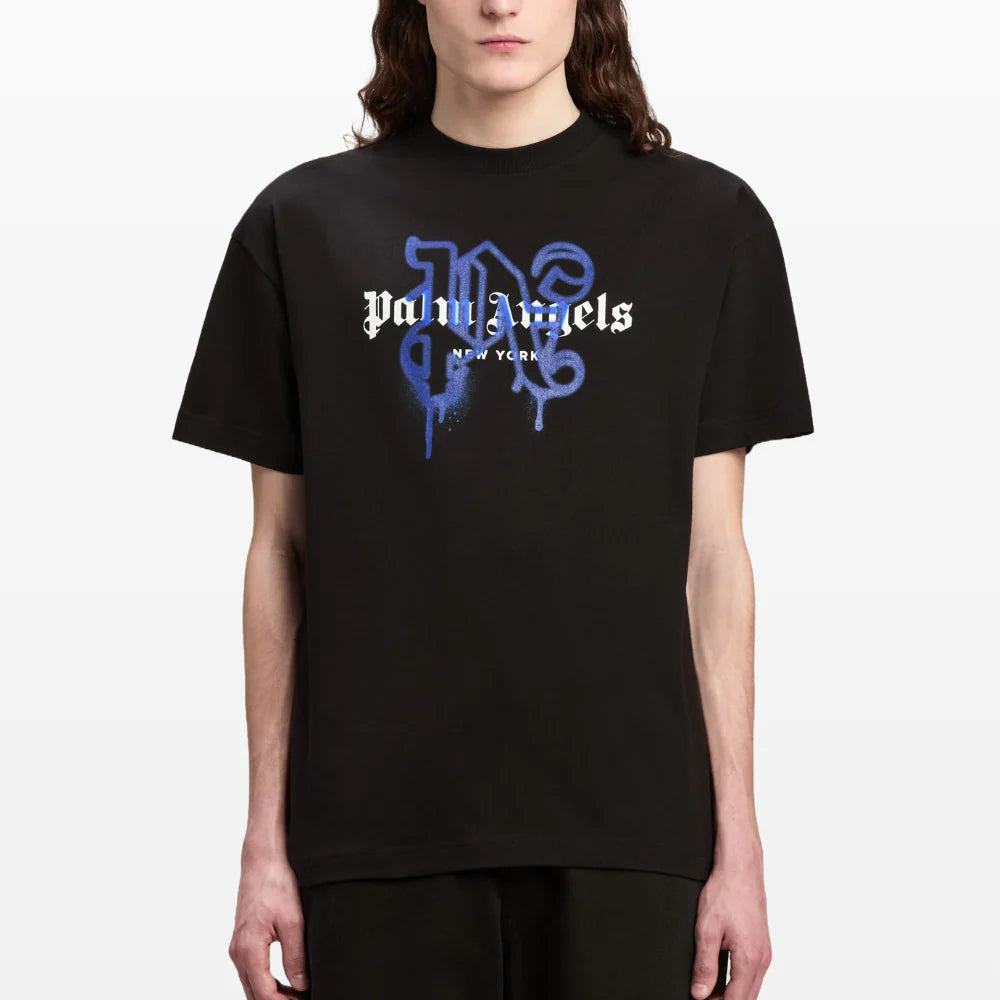 Palm Angels New York Sprayed Monogram Logo T-Shirt - Black/Blue