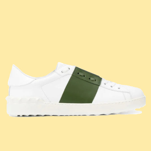 Valentino Rock Stud Open Leather Sneakers - White/Olive